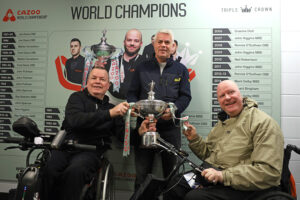 Tony Southern, Carl Gibson and Gary Swift backstage at the Crucible with the World Championship trophy