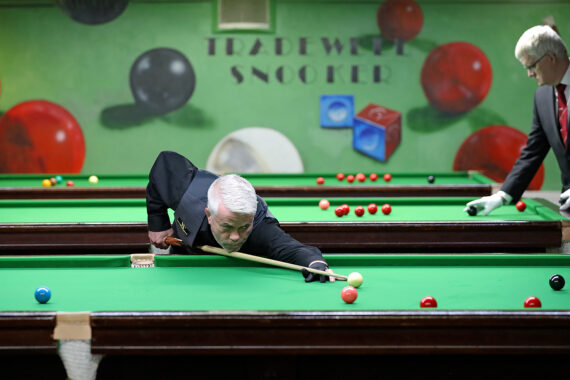 Carl Gibson plays a snooker shot