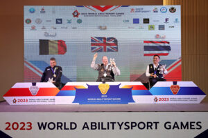 Medalists celebrate on the podium at the 2023 World Abilitysport Games in Thailand