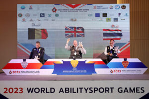 The players pose on the podium at the 2023 World Abilitysport Games
