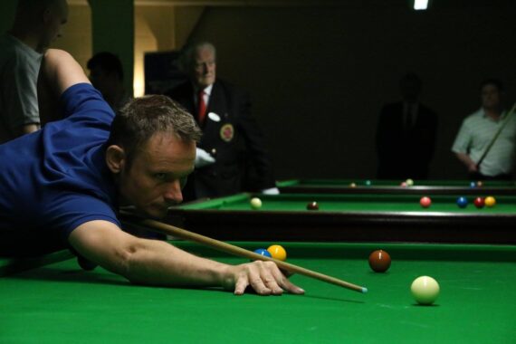 Nick Neale plays snooker shot