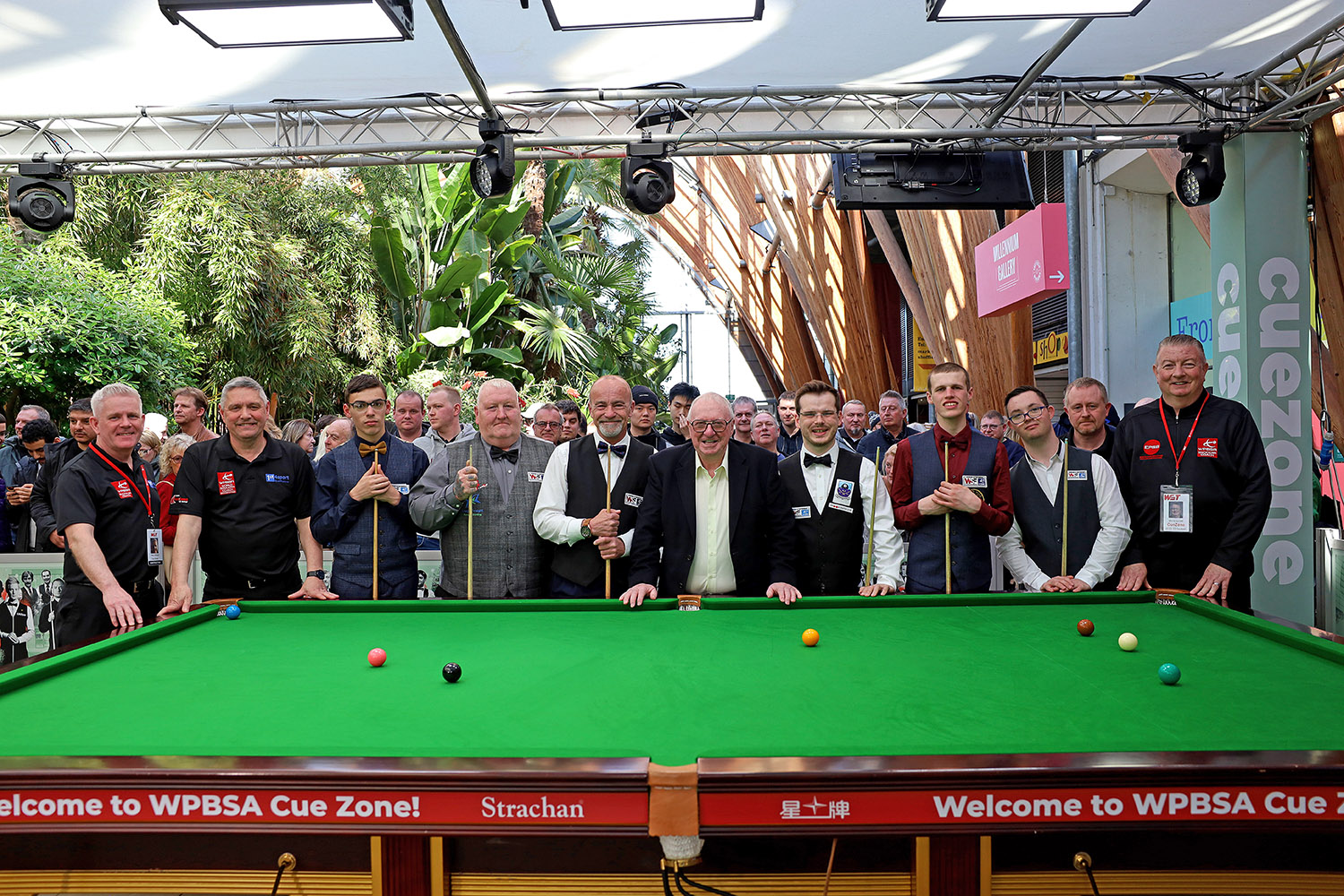 Dennis Taylor with snooker players smiling